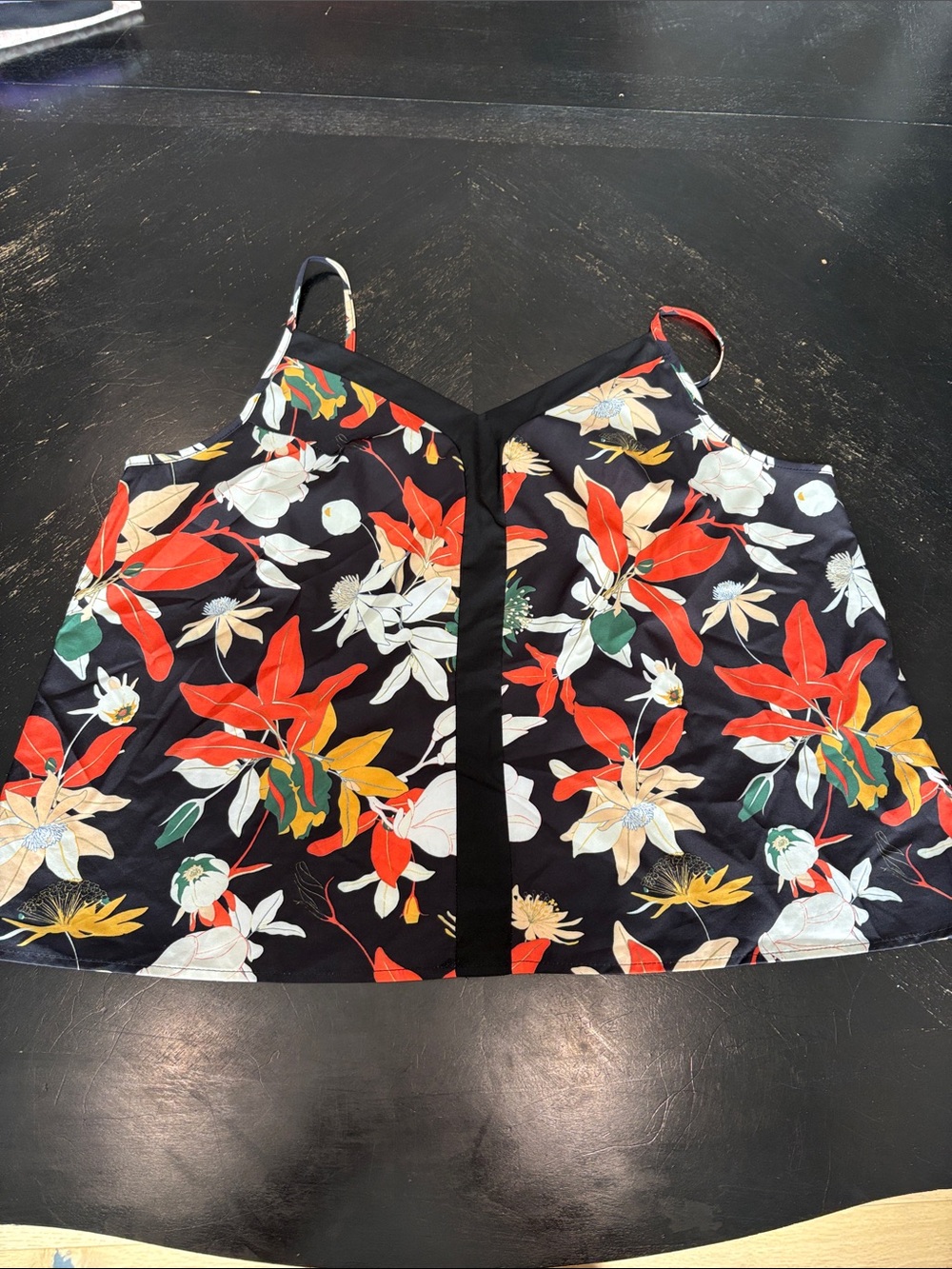 SHEIN Black Floral V-Neck Tank Top with Red, Yellow & Green Accents